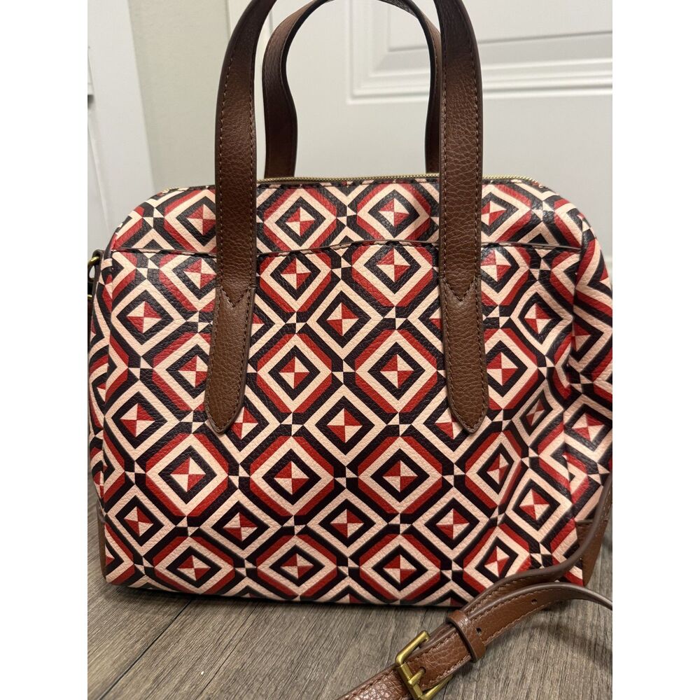 Fossil Red Black Cream Geometric Satchel Crossbody Bag Key Charm